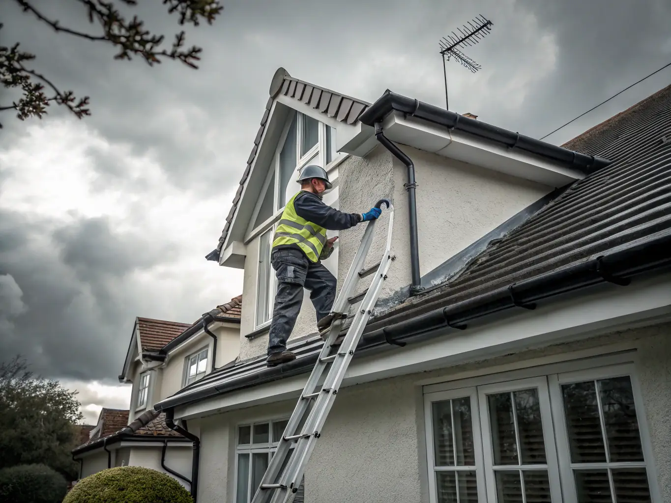 A Squad Life technician performing seasonal maintenance on a Calgary home's exterior, ensuring it's prepared for the changing weather.