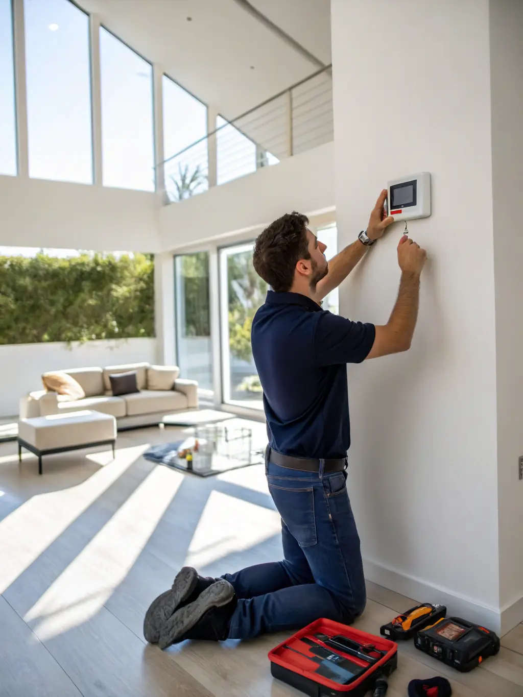 A friendly Squad Life technician assisting a homeowner with a smart home device setup, showcasing concierge services.