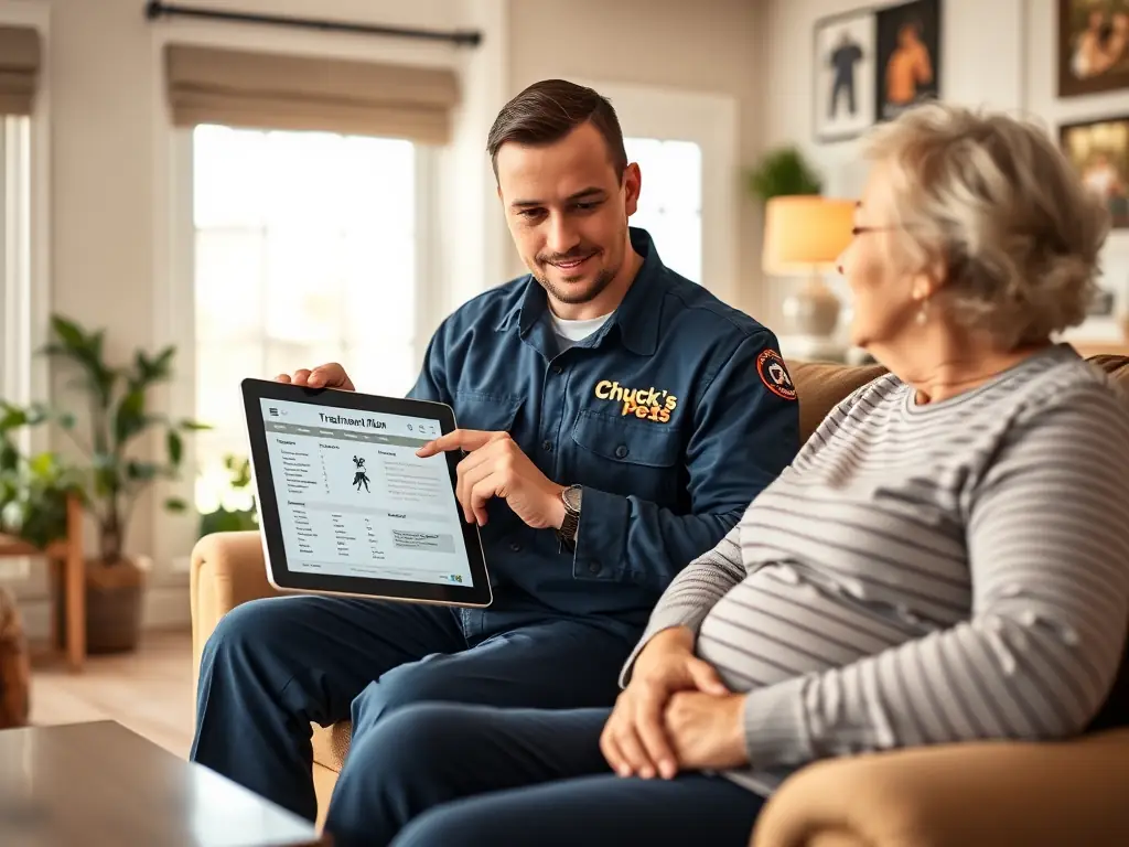 A Squad Life technician conducting a free home health check, using a tablet to record findings, with a friendly homeowner looking on.