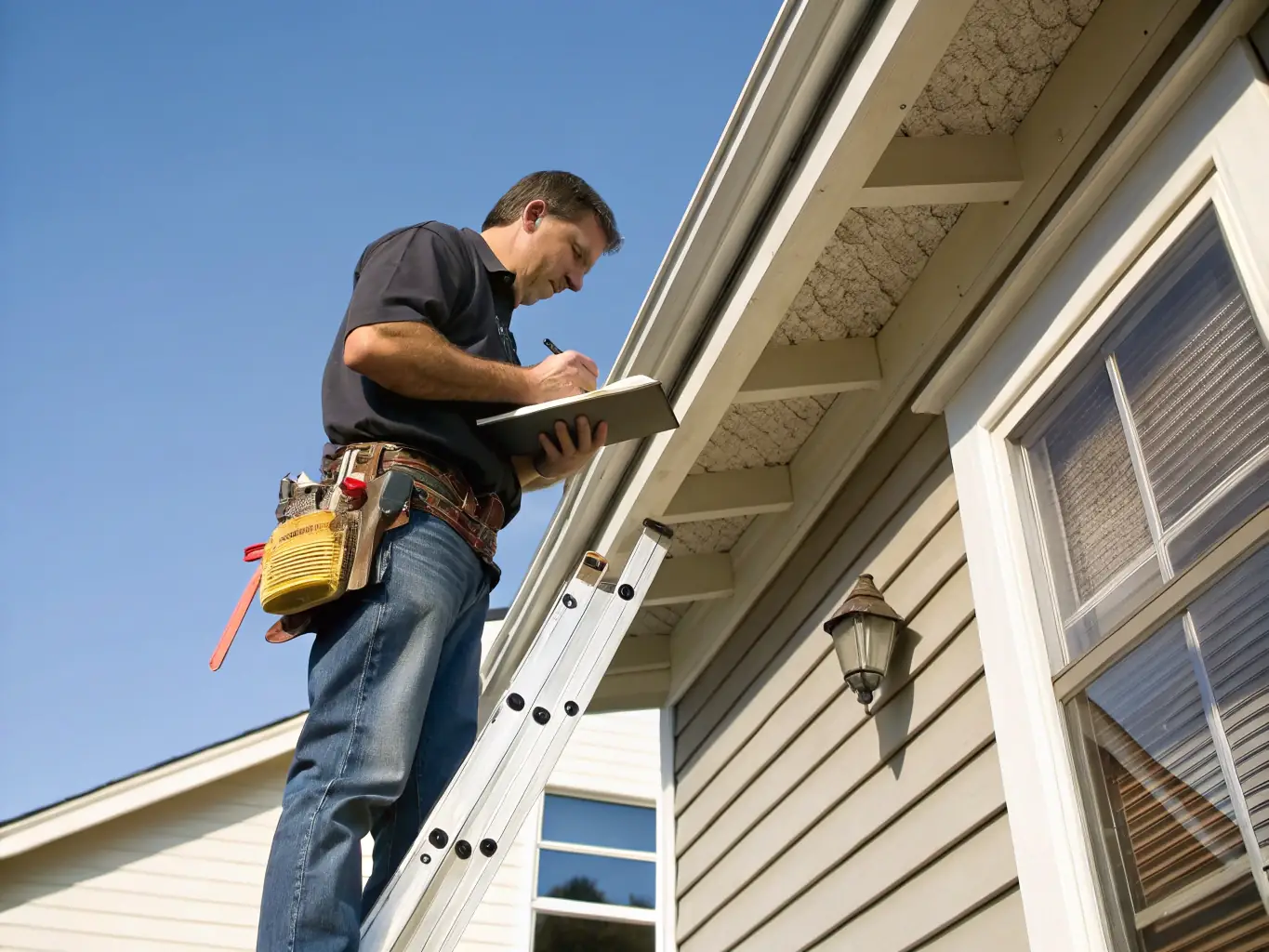 A Squad Life technician conducting a seasonal inspection of a home's exterior, checking for weather-related damage and ensuring proper insulation.
