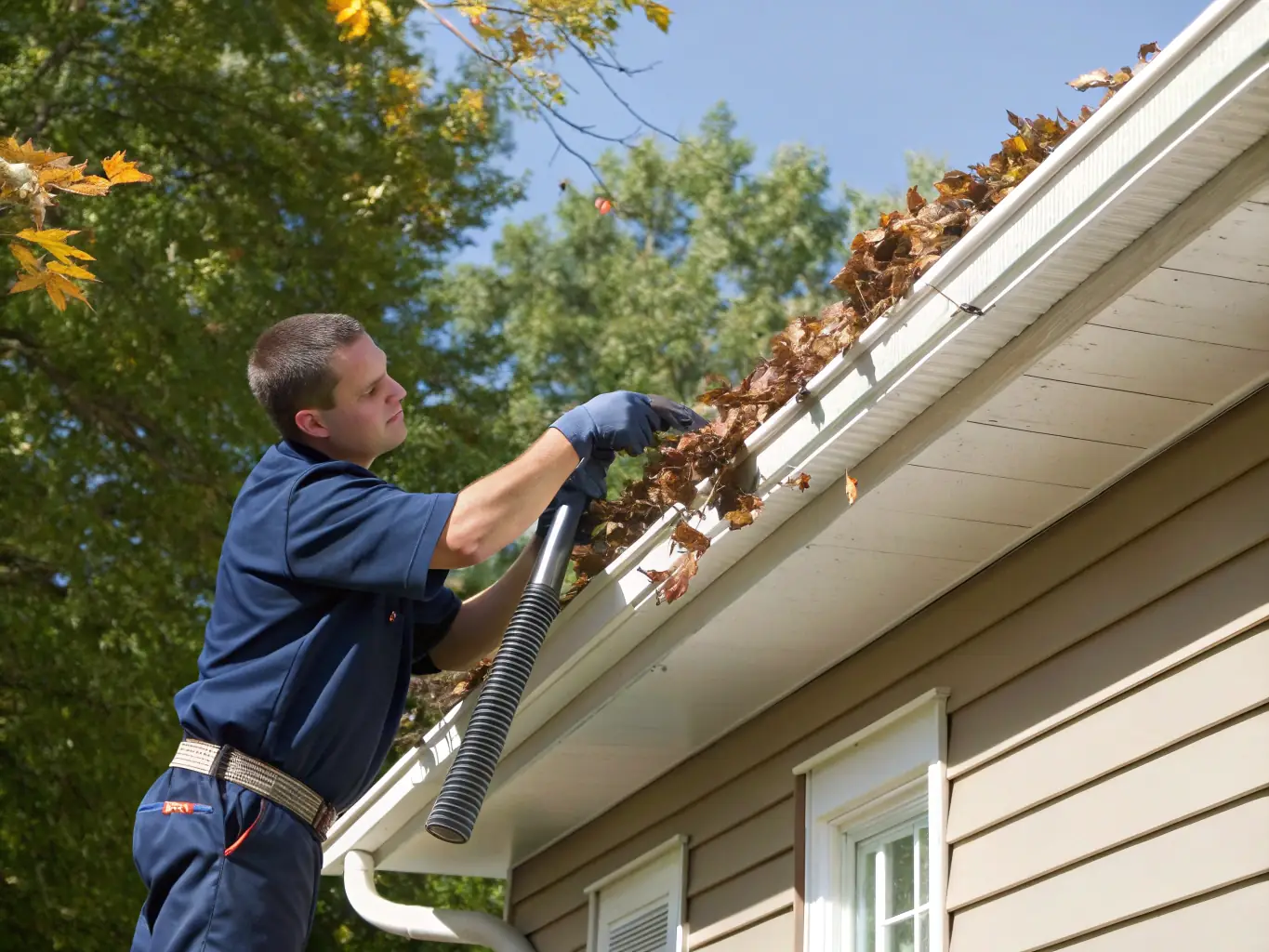 A Squad Life technician performing seasonal maintenance tasks, such as cleaning gutters in the fall or inspecting the HVAC system in the spring. The image highlights the proactive and preventative nature of the service.