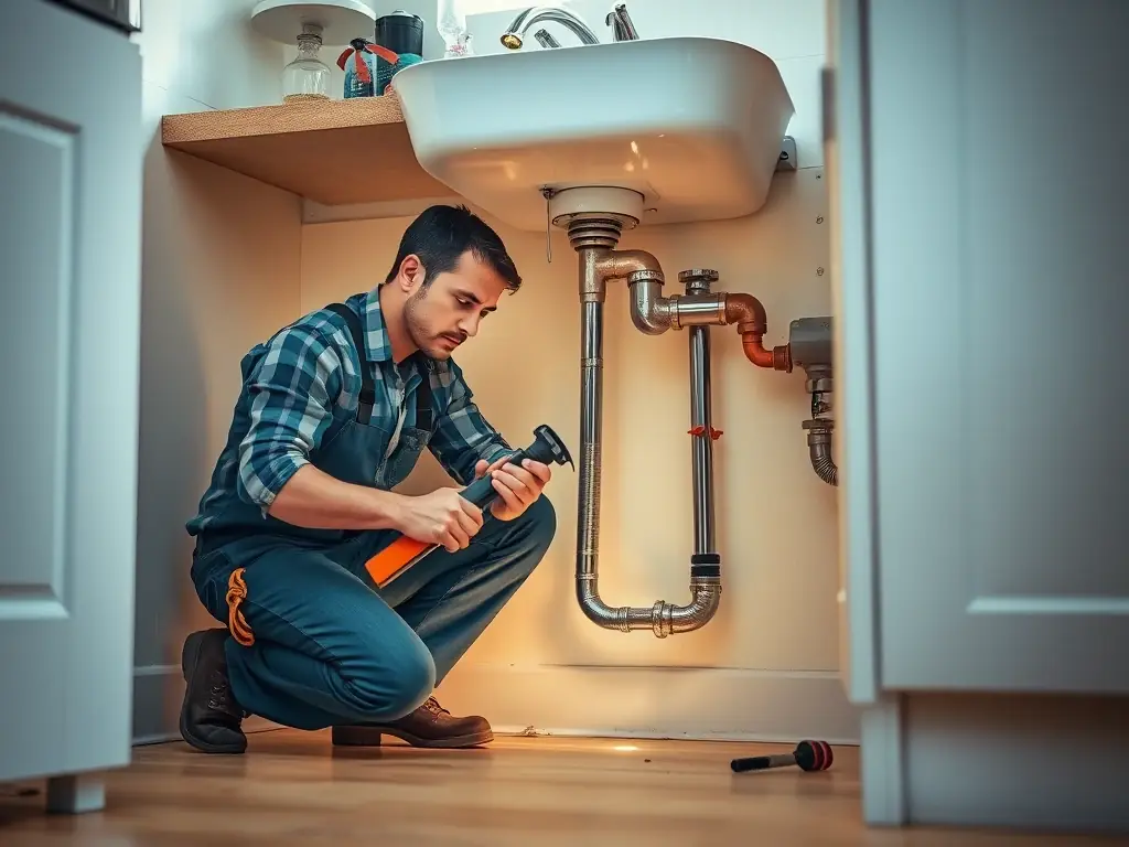 A Squad Life technician performing a plumbing inspection in a Calgary home, checking for leaks and corrosion.