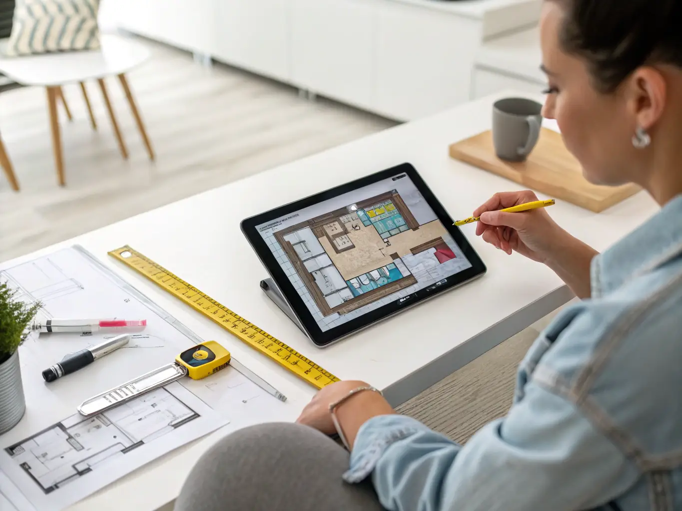 A Squad Life technician conducting a thorough home health check, using a tablet to record data and a floor plan scanner to map the property. The setting is a modern Calgary home, emphasizing the professional and tech-driven approach.