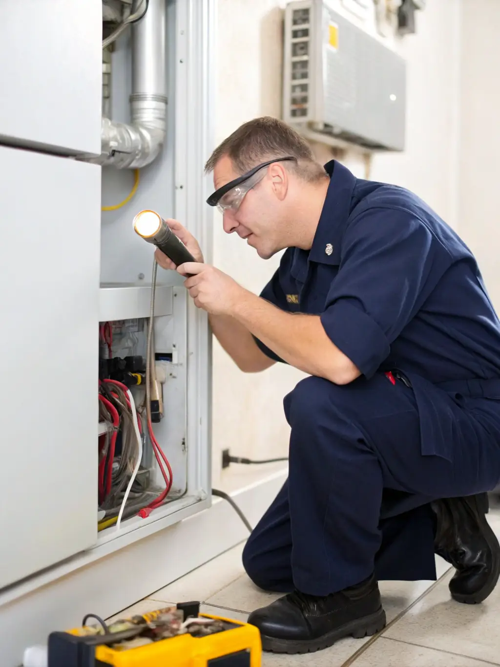 A photo of a Squad Life technician performing a seasonal inspection on a Calgary home's furnace, with the homeowner looking on with a smile.