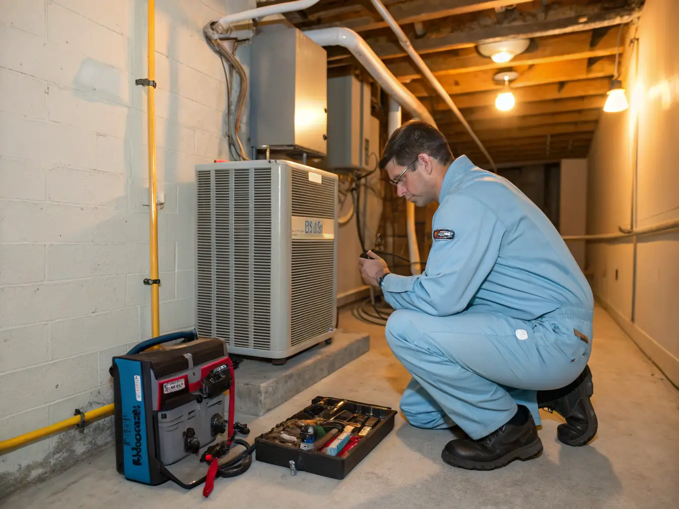 A Squad Life technician performing a routine inspection of a home's HVAC system, checking for any potential issues and ensuring optimal performance.