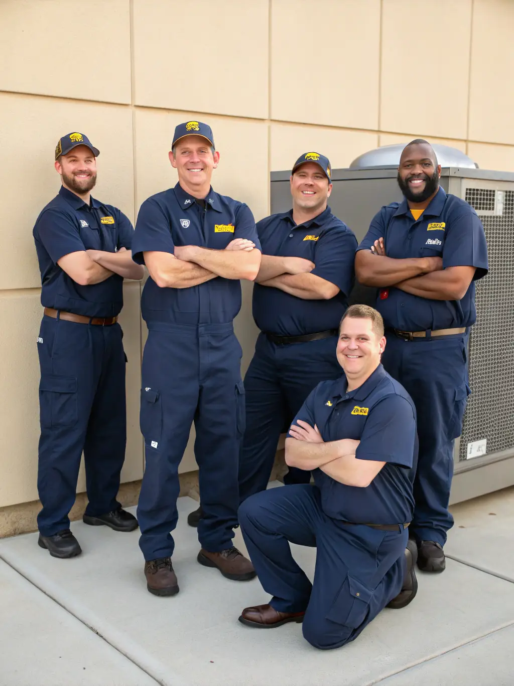 A group photo of Squad Life's vetted and trusted technicians, all smiling and wearing company uniforms, in front of a Calgary home.
