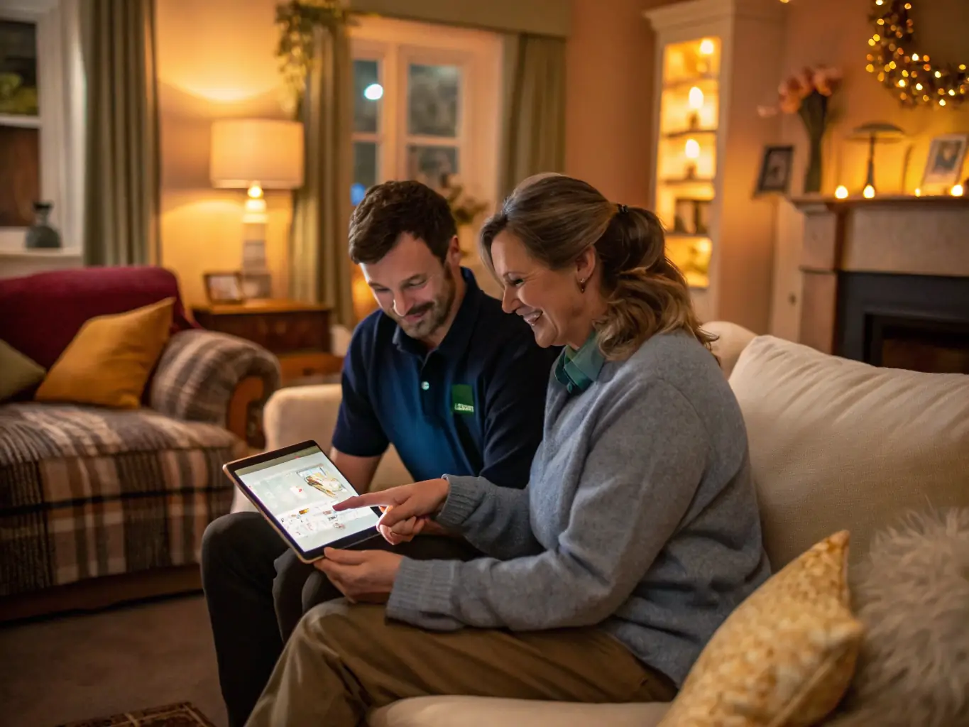 A Squad Life team member reviewing the findings of a home health check with a homeowner, using a tablet to display the assessment report and discuss next steps. The atmosphere is collaborative and informative.